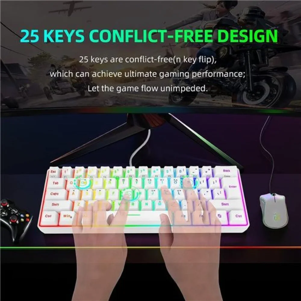 60% Wired Gaming Keyboard, 61 Keys RGB Backlit Wrist Rest Ultra-Compact Mini